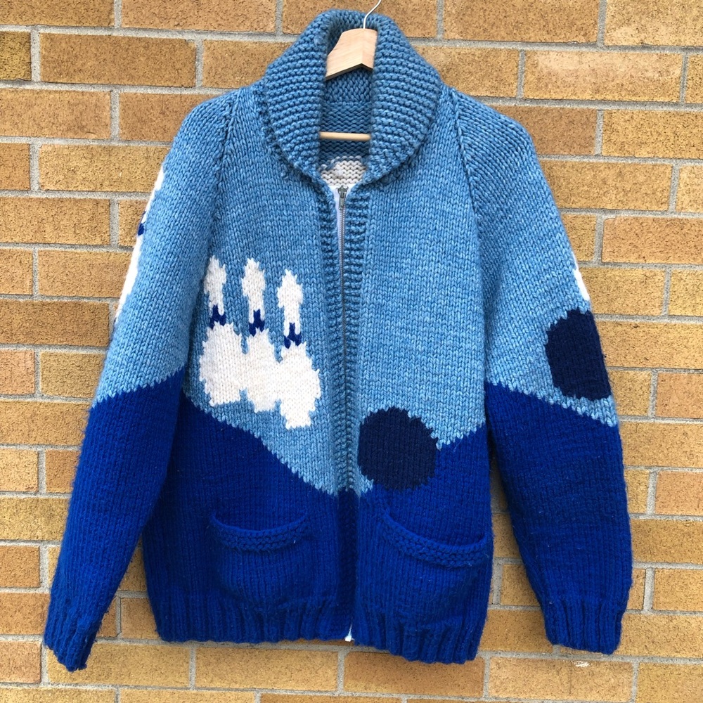 Vintage Bowling Mary Maxim 70’s 80’s Handmade Unisex knit coat sweater size L XL